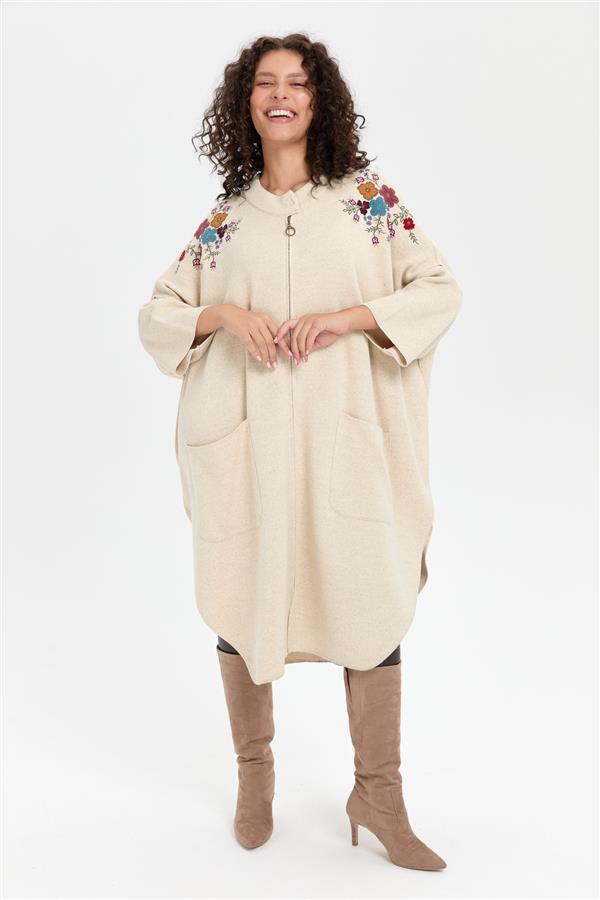 Kadın Dik Yaka Omuzları İşlemeli Fermuarlı Panço T.Melanj