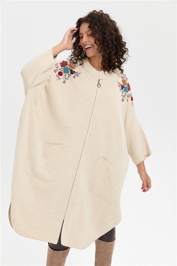 Kadın Dik Yaka Omuzları İşlemeli Fermuarlı Panço T.Melanj