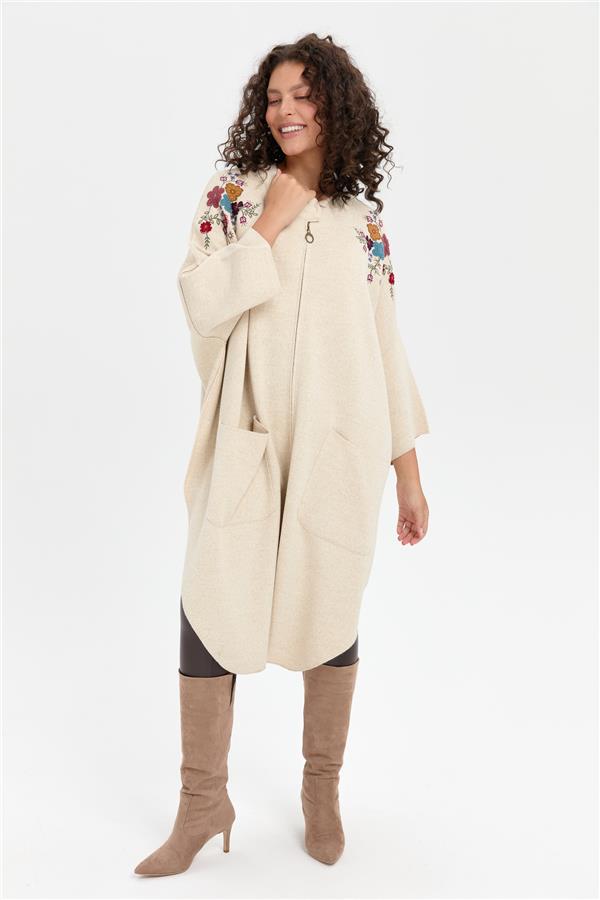 Kadın Dik Yaka Omuzları İşlemeli Fermuarlı Panço T.Melanj