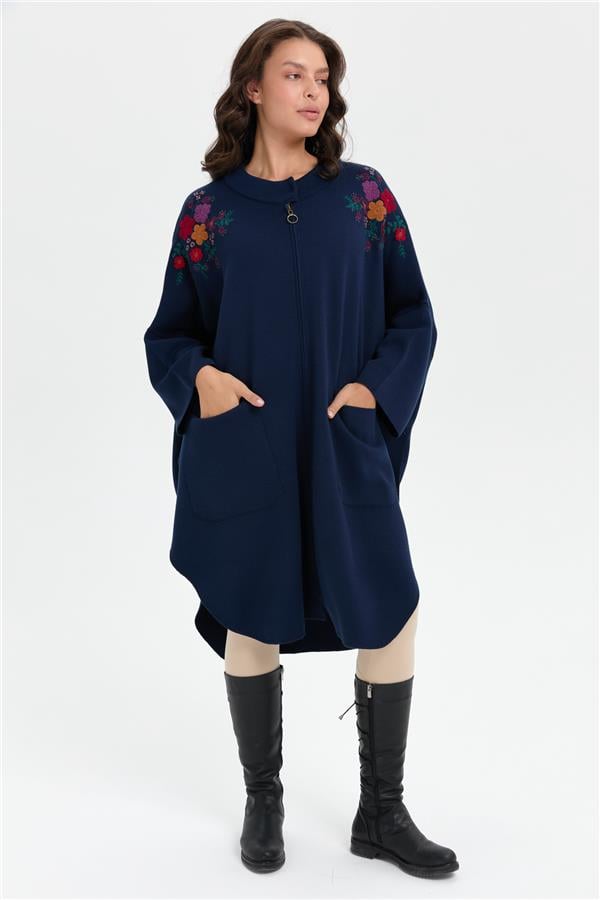 Kadın Dik Yaka Omuzları İşlemeli Fermuarlı Panço Lacivert