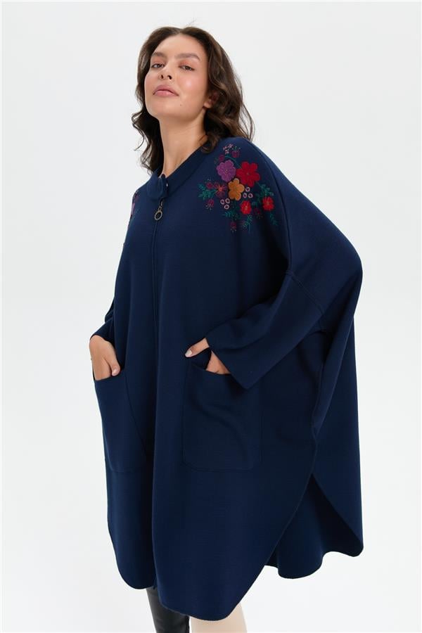 Kadın Dik Yaka Omuzları İşlemeli Fermuarlı Panço Lacivert