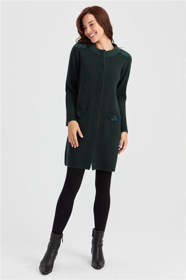 Женское длинное шерстяное пальто с высоким воротником, вышитыми плечами и карманами