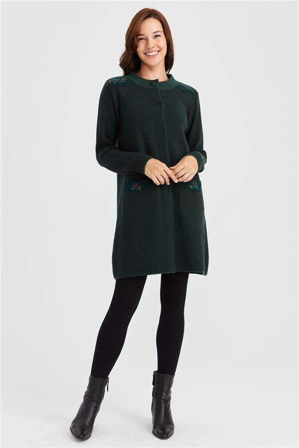 Женское длинное шерстяное пальто с высоким воротником, вышитыми плечами и карманами