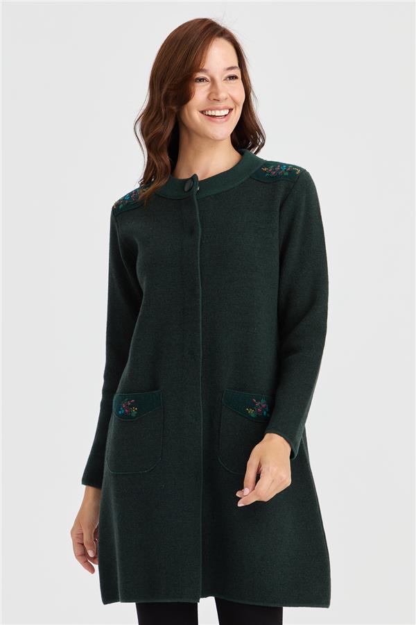 Женское длинное шерстяное пальто с высоким воротником, вышитыми плечами и карманами
