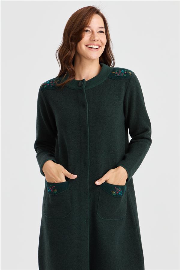 Женское длинное шерстяное пальто с высоким воротником, вышитыми плечами и карманами