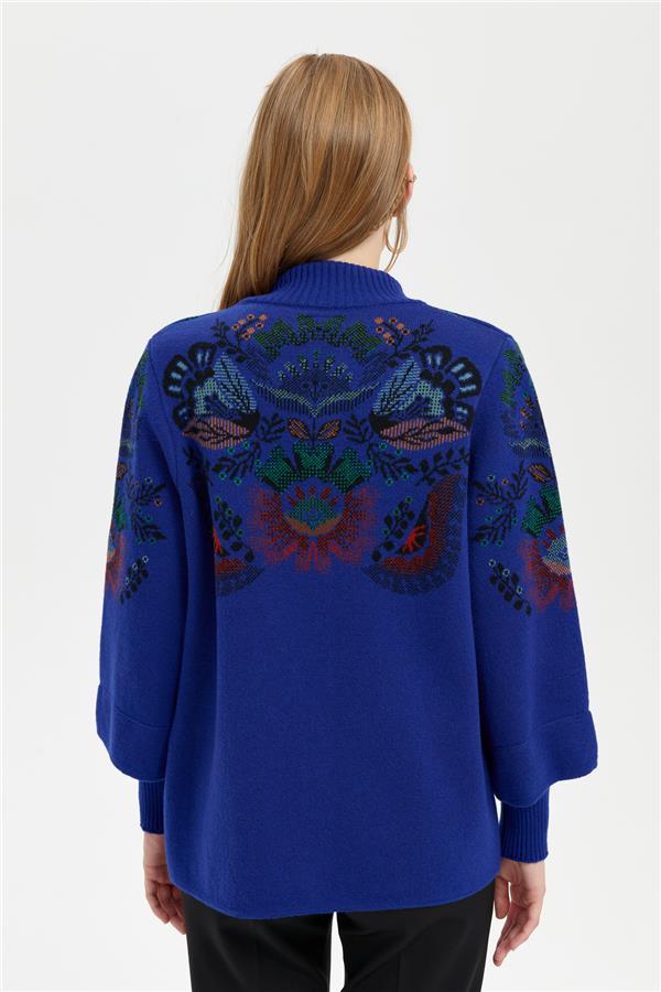 Kadın Dik Yaka Önü Renkli Çiçekli Kısa Yün Ceket K.S.Mavi