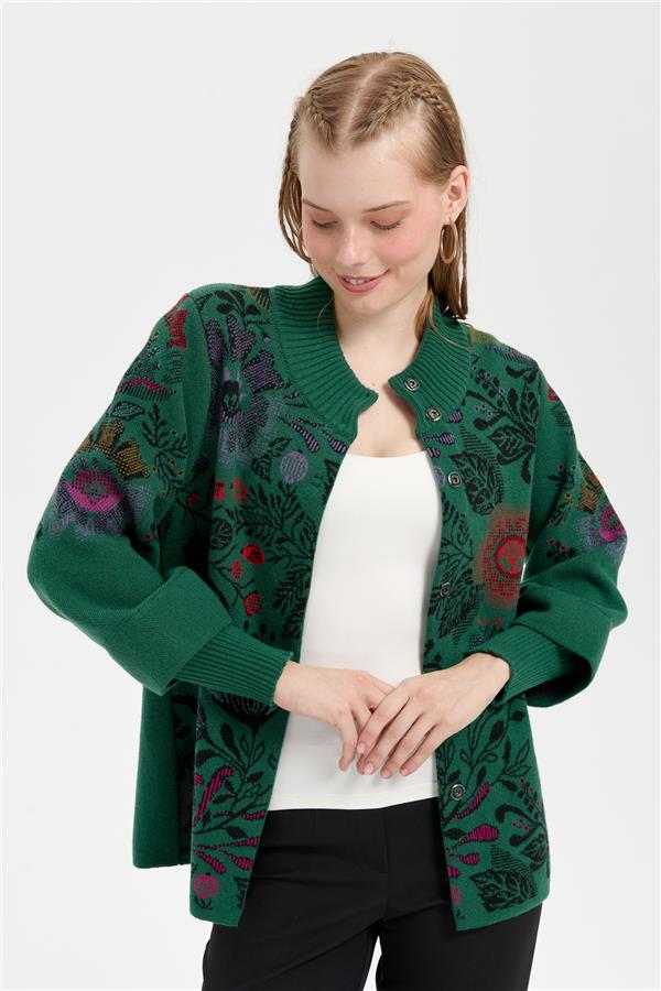 Kadın Dik Yaka Önü Renkli Çiçekli Kısa Yün Ceket Ö.Başı