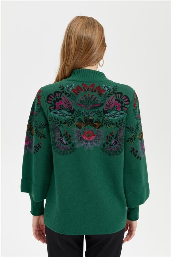 Kadın Dik Yaka Önü Renkli Çiçekli Kısa Yün Ceket Ö.Başı