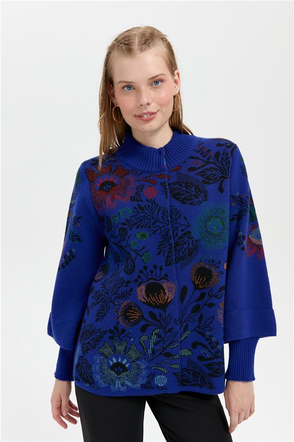 Kadın Dik Yaka Önü Renkli Çiçekli Kısa Yün Ceket K.S.Mavi