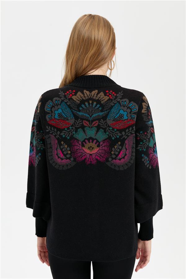 Kadın Dik Yaka Önü Renkli Çiçekli Kısa Yün Ceket Siyah