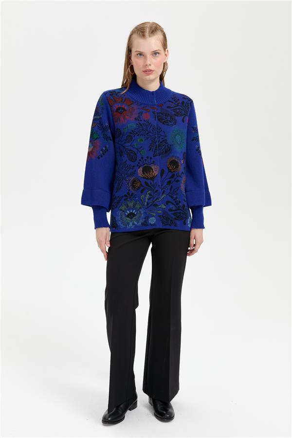 Kadın Dik Yaka Önü Renkli Çiçekli Kısa Yün Ceket K.S.Mavi