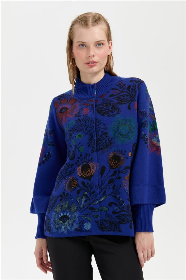 Kadın Dik Yaka Önü Renkli Çiçekli Kısa Yün Ceket K.S.Mavi