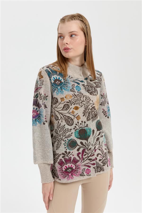 Kadın Dik Yaka Önü Renkli Çiçekli Kısa Yün Ceket V.Bej