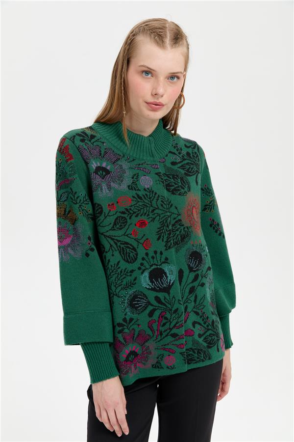 Kadın Dik Yaka Önü Renkli Çiçekli Kısa Yün Ceket Ö.Başı