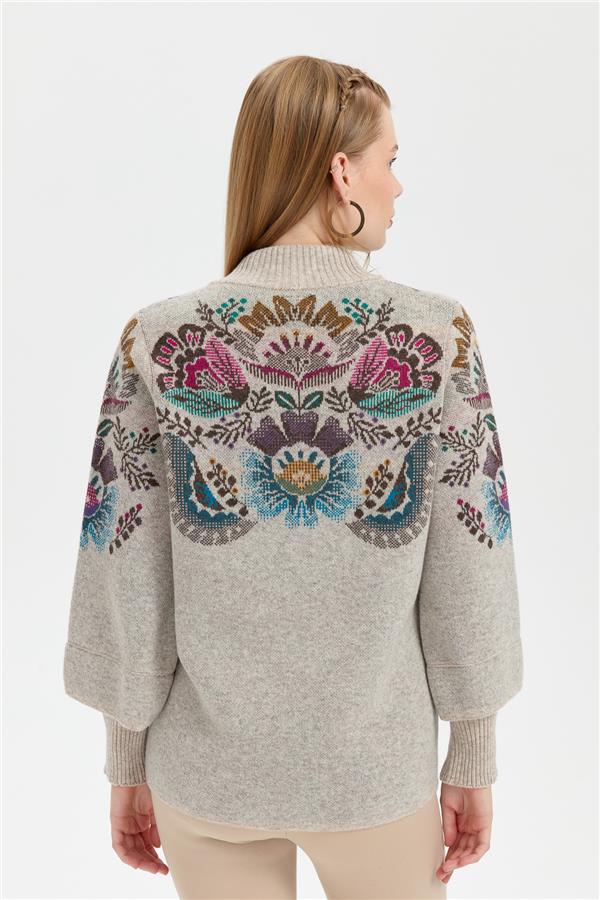 Kadın Dik Yaka Önü Renkli Çiçekli Kısa Yün Ceket V.Bej