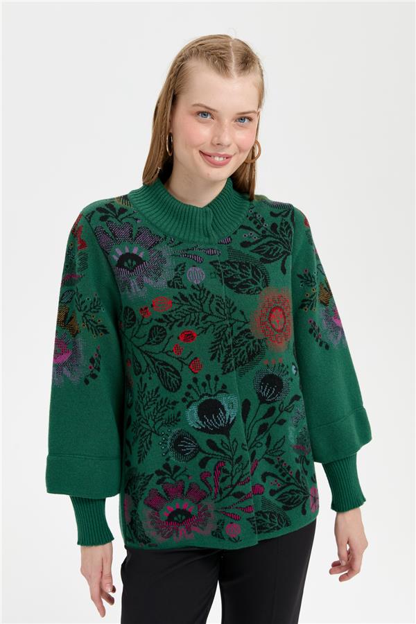 Kadın Dik Yaka Önü Renkli Çiçekli Kısa Yün Ceket Ö.Başı