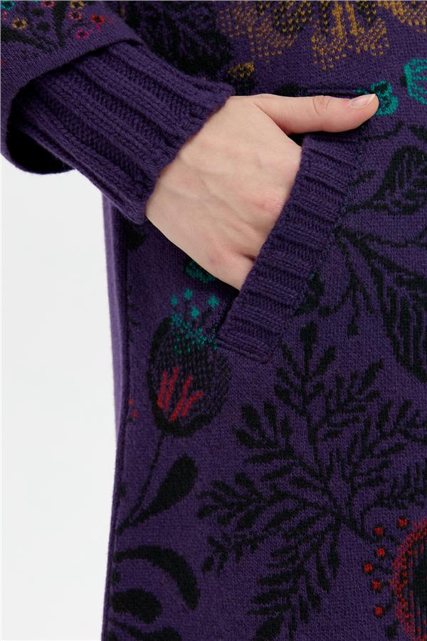 Kadın Dik Yaka Önü Renkli Çiçekli Uzun Yün Kaban K.Mor