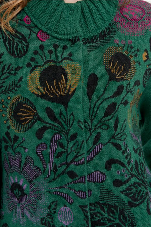 Kadın Dik Yaka Önü Renkli Çiçekli Uzun Yün Kaban Ö.Başı