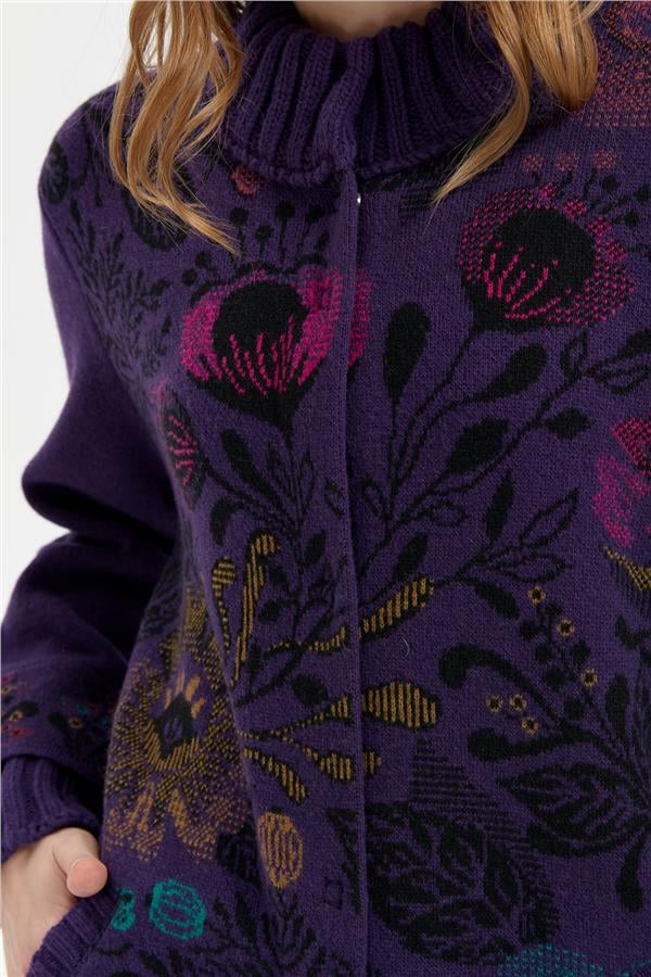 Kadın Dik Yaka Önü Renkli Çiçekli Uzun Yün Kaban K.Mor