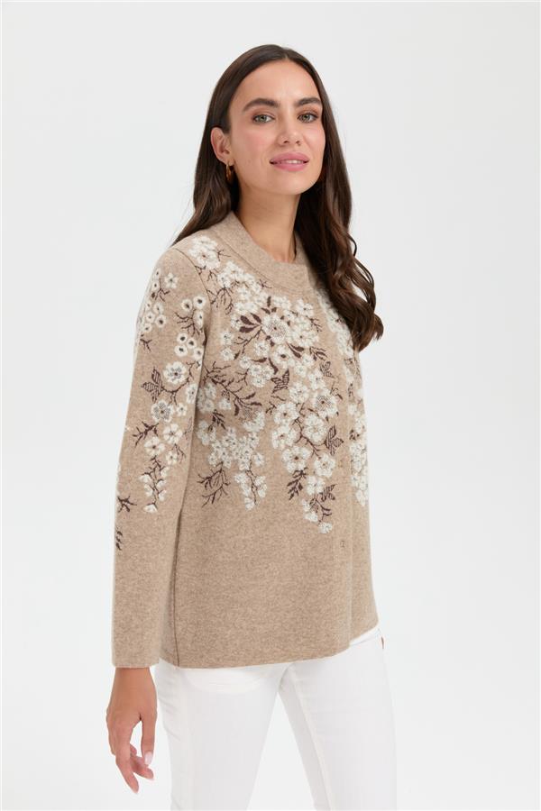 Kadın Dik Yaka Pıtırcık Çiçekli Yün Ceket K.Bej