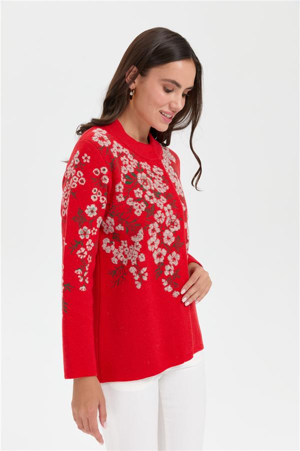 Kadın Dik Yaka Pıtırcık Çiçekli Yün Ceket Mercan