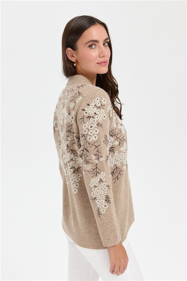Kadın Dik Yaka Pıtırcık Çiçekli Yün Ceket K.Bej