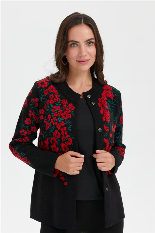 Kadın Dik Yaka Pıtırcık Çiçekli Yün Ceket Siyah