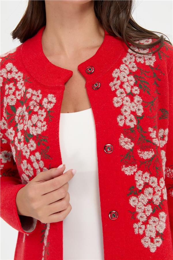 Kadın Dik Yaka Pıtırcık Çiçekli Yün Ceket Mercan