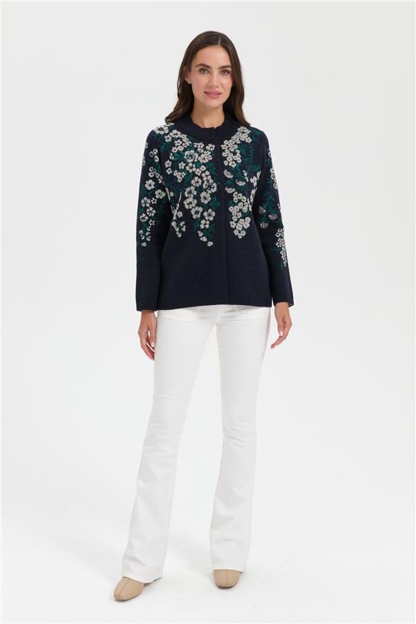 Kadın Dik Yaka Pıtırcık Çiçekli Yün Ceket K.Lacivert