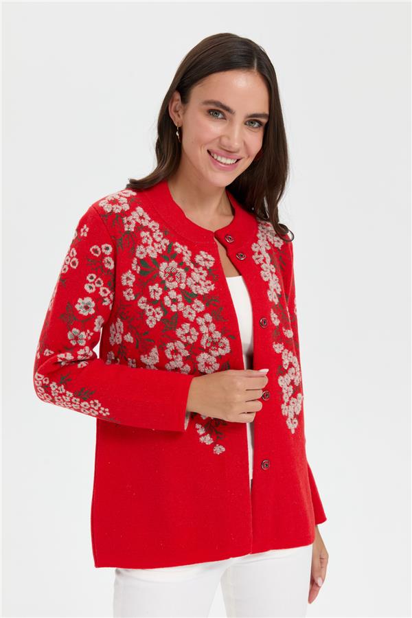 Kadın Dik Yaka Pıtırcık Çiçekli Yün Ceket Mercan