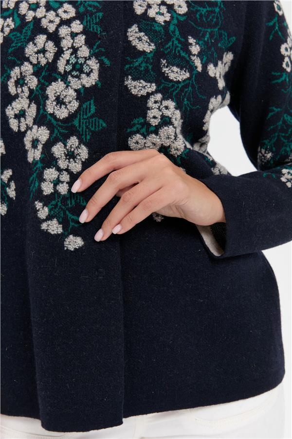 Kadın Dik Yaka Pıtırcık Çiçekli Yün Ceket K.Lacivert