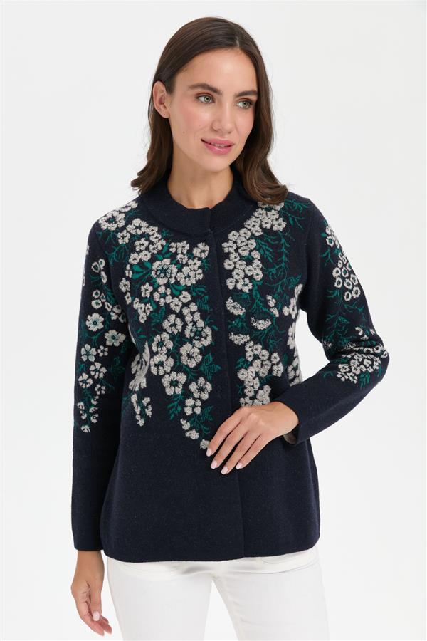 Kadın Dik Yaka Pıtırcık Çiçekli Yün Ceket K.Lacivert