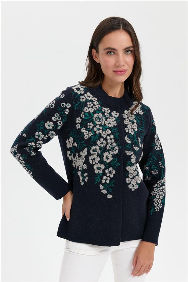Kadın Dik Yaka Pıtırcık Çiçekli Yün Ceket K.Lacivert