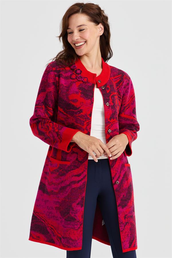 Женское длинное шерстяное пальто с ярким волнистым узором и высоким воротником