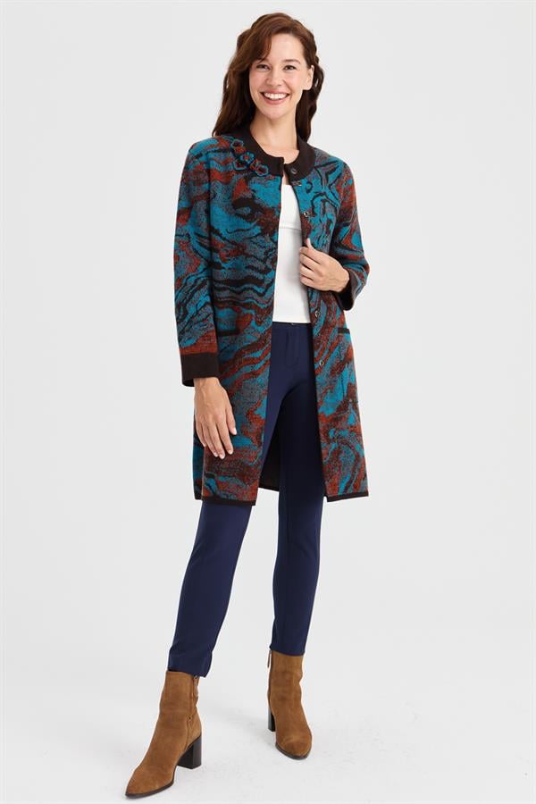 Женское длинное шерстяное пальто с ярким волнистым узором и высоким воротником