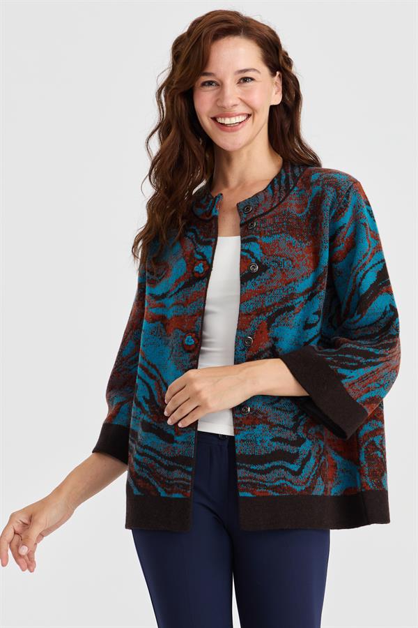 Женское шерстяное пальто с высоким воротником и красочным волнистым узором