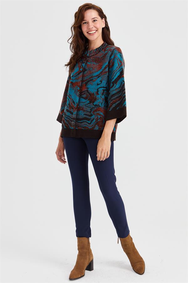 Женское шерстяное пальто с высоким воротником и красочным волнистым узором