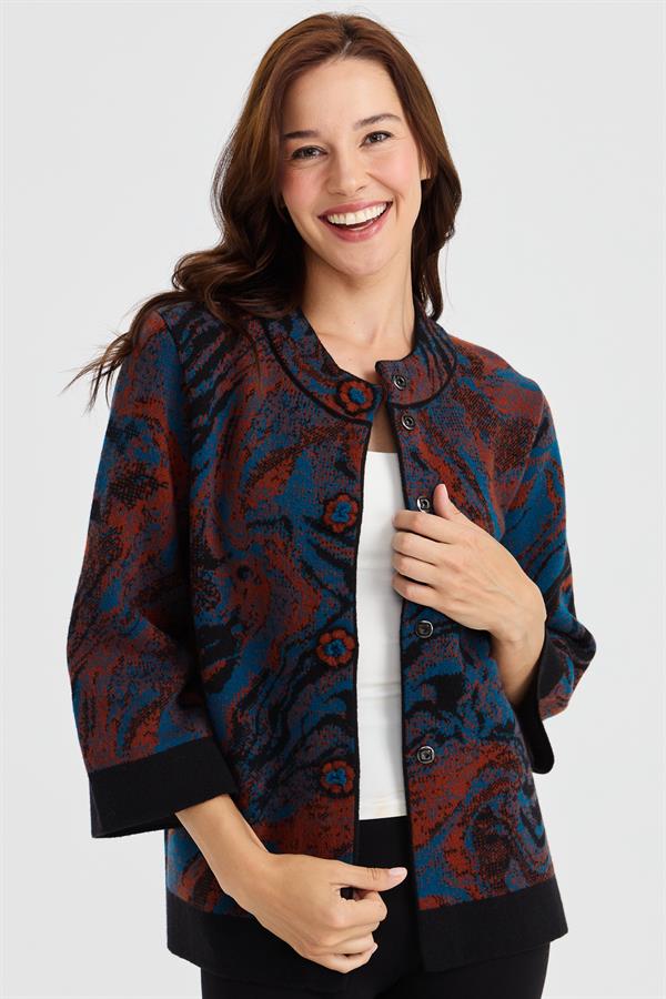 Женское шерстяное пальто с высоким воротником и красочным волнистым узором