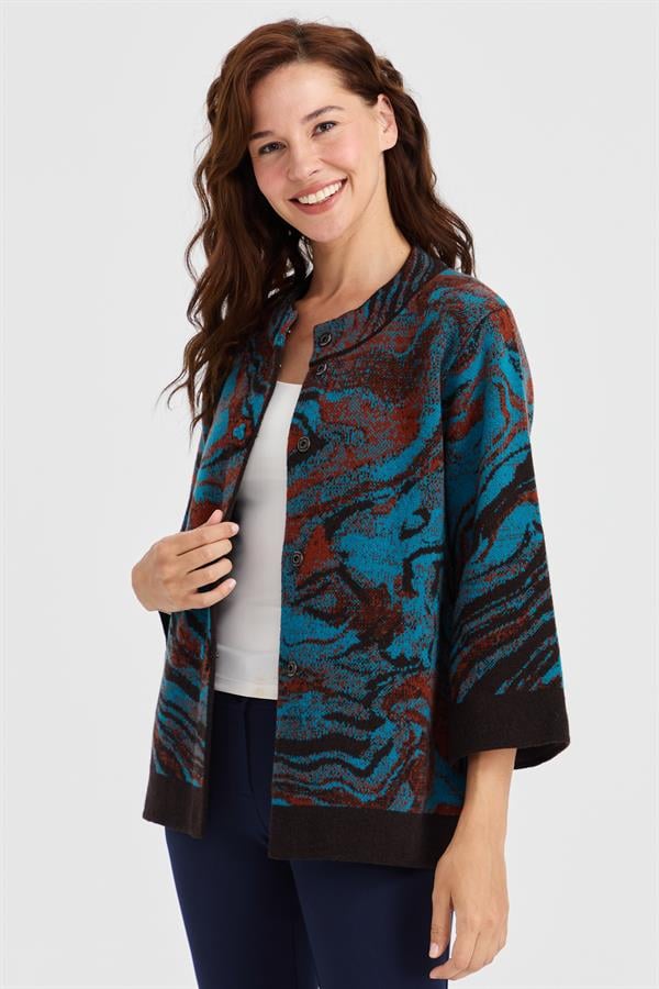 Женское шерстяное пальто с высоким воротником и красочным волнистым узором