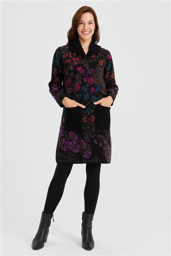 Женское длинное шерстяное пальто с высоким воротником и цветочным принтом Ivy