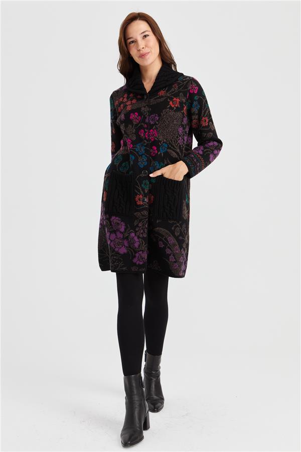 Женское длинное шерстяное пальто с высоким воротником и цветочным принтом Ivy