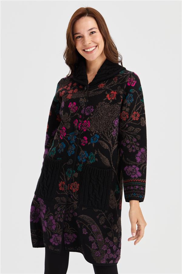 Женское длинное шерстяное пальто с высоким воротником и цветочным принтом Ivy