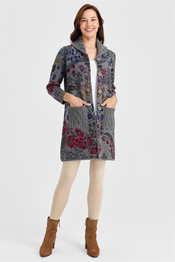 Женское длинное шерстяное пальто с высоким воротником и цветочным принтом Ivy