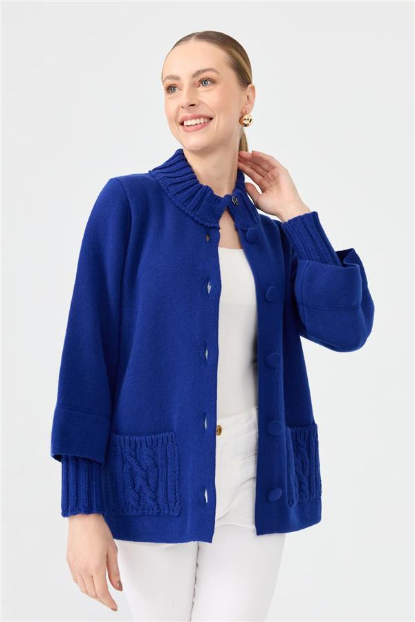 Kadın Dik Yaka Truvakar Kol Kısa Yün Ceket K.S.Mavi