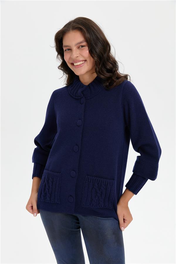 Kadın Dik Yaka Truvakar Kol Kısa Yün Ceket Y.A Lacivert