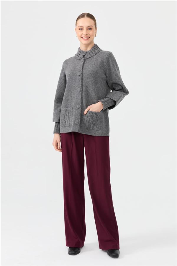 Kadın Dik Yaka Truvakar Kol Kısa Yün Ceket Füme