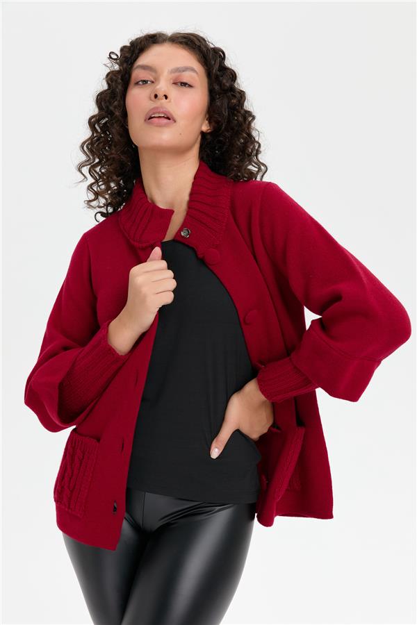 Kadın Dik Yaka Truvakar Kol Kısa Yün Ceket V.Çürüğü