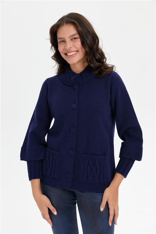 Kadın Dik Yaka Truvakar Kol Kısa Yün Ceket Y.A Lacivert