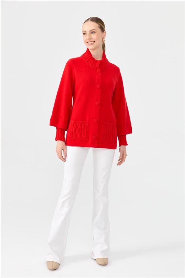 Kadın Dik Yaka Truvakar Kol Kısa Yün Ceket Mercan