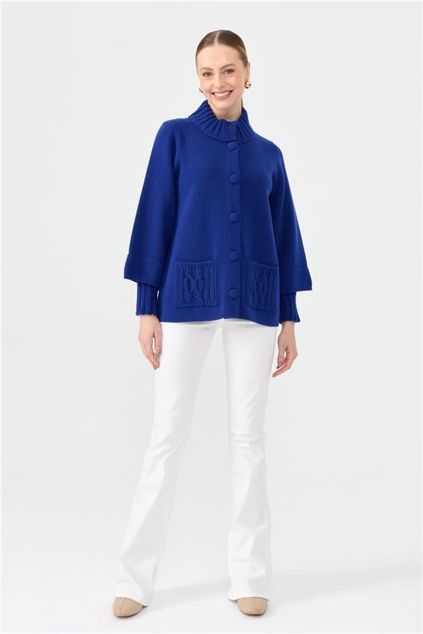 Kadın Dik Yaka Truvakar Kol Kısa Yün Ceket K.S.Mavi
